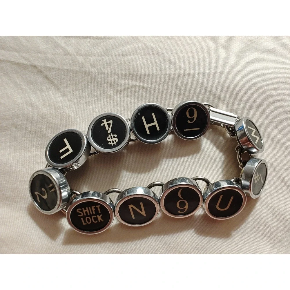 Bracelet Typewriter Key Vintage Style Black Silver Link 6.5 Inch